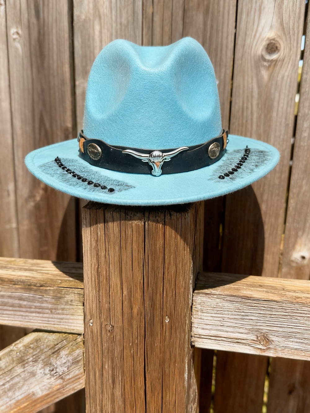 Turquoise Felt Fedora with Black Leather Band and Silver Longhorn Accent